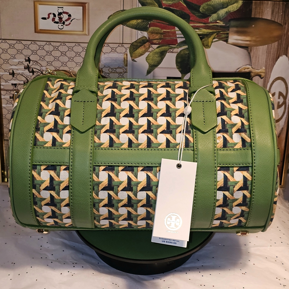 Tory Burch Riviera Green Wicker Print Leaf  Patterned Women's Satchel Bag - Picture 10 of 16